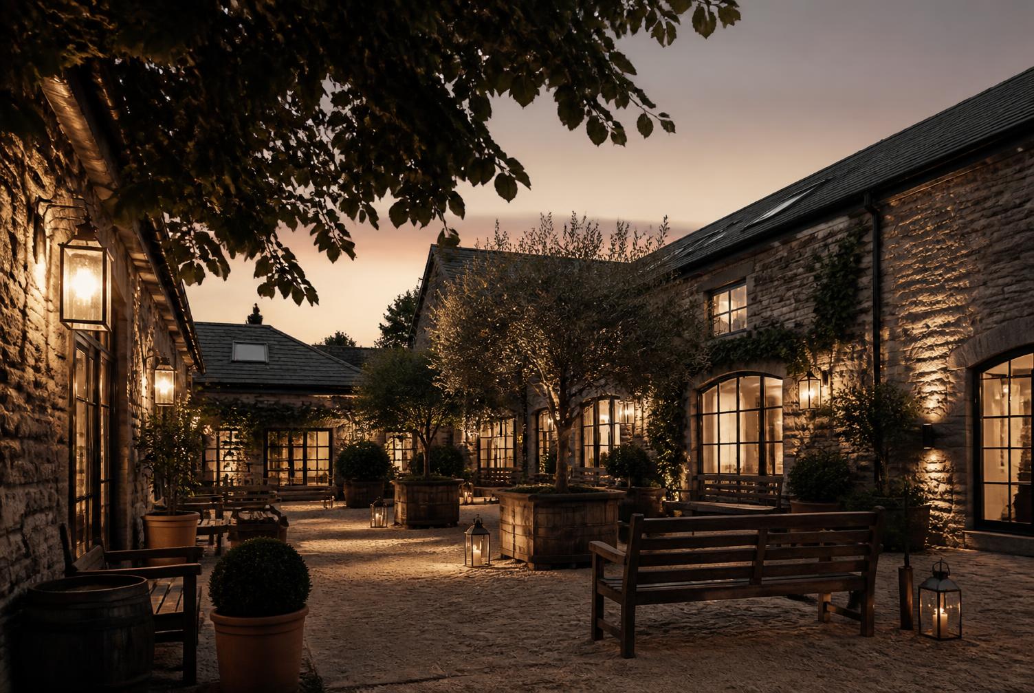 Lantern-lit courtyard of a country inn at dusk